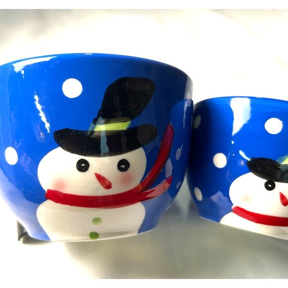Mary Engelbreit Hand Painted Snowman Bowls Set 2 ND Blue White Polka Dot Winter - Picture 9 of 10